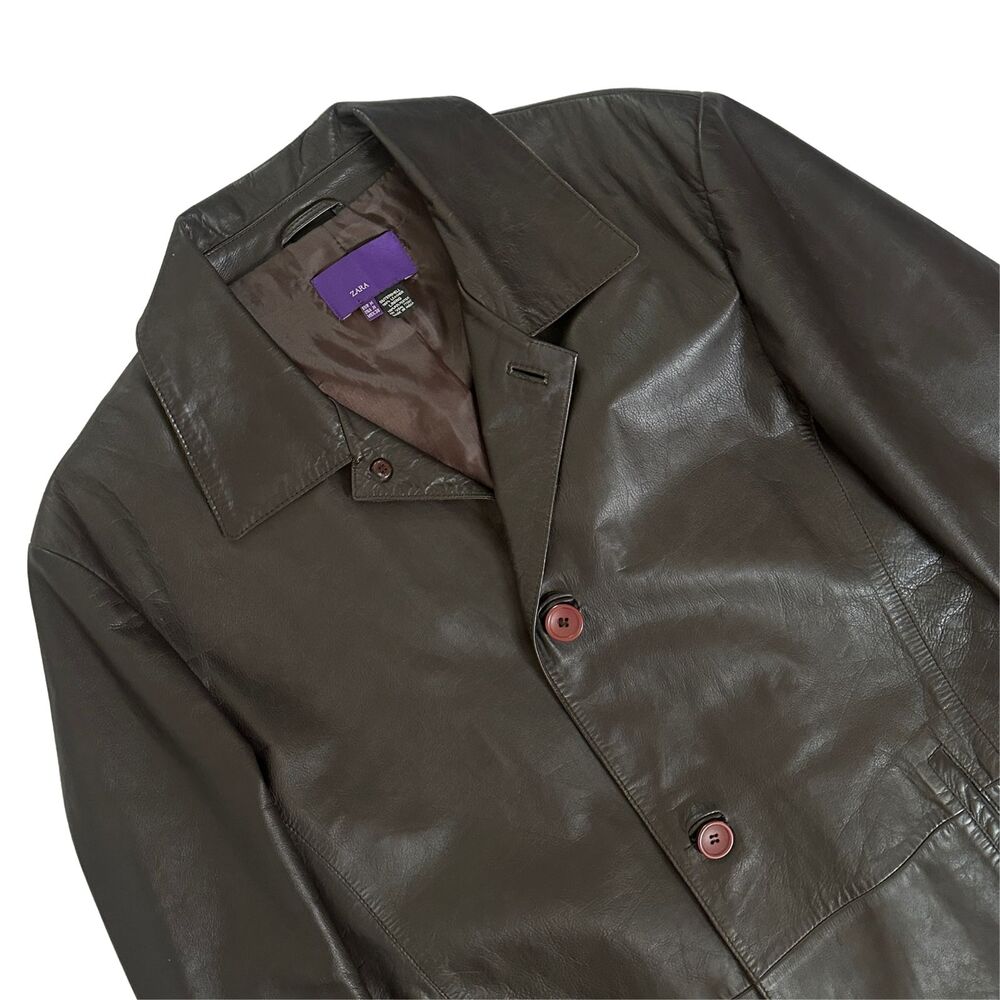 Zara Mens Leather Car Coat TRENCH COAT Brown Button Front Mid Length Size MEDIUM - Picture 4 of 11